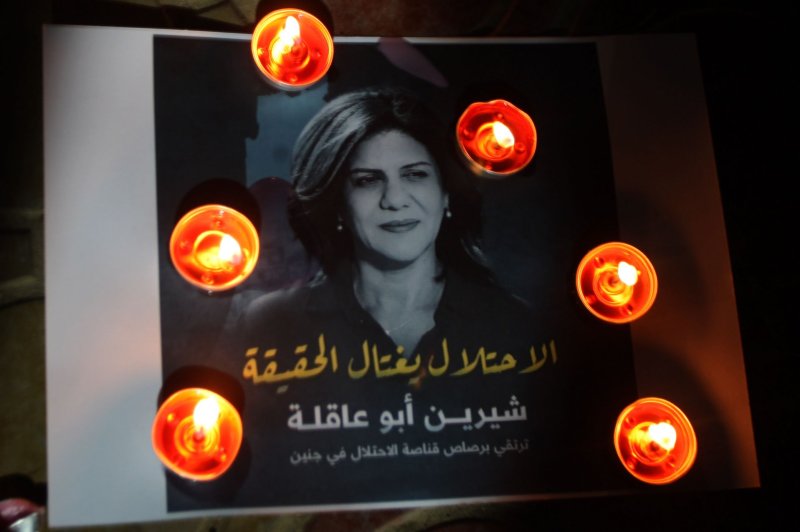 Al-Jazeera journalist Abu Akleh, 51, was shot dead May 11, 2022 as she covered a raid on Jenin refugee camp in the occupied West Bank. UNHCR said in a statement Friday the shot that killed her came from Israeli Defense Forces. Photo by Ismael Mohamad/UPI | <a href="/News_Photos/lp/f99ee69a06a846cc8ca0678945f7127a/" target="_blank">License Photo</a>