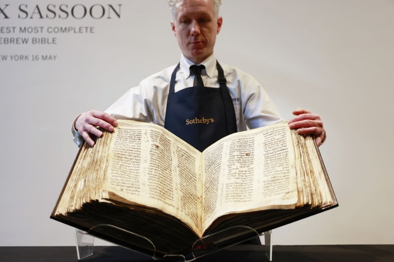 Sotheby's is auctioning off what it describes as "the earliest, most complete Hebrew Bible," in May. Photo by John Angelillo/UPI