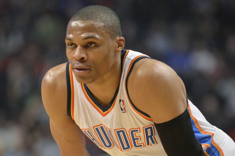 Oklahoma City Thunder guard Russell Westbrook stands on the floor. File photo by Brian Kersey/UPI