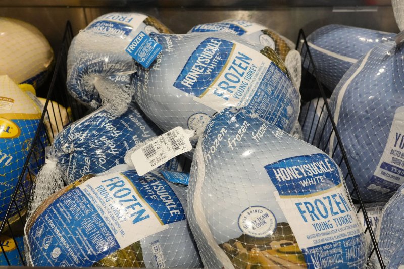 Cheaper turkey prices have brought down the overall cost of Thanksgiving dinner in 2023, according to a survey by the American Farm Bureau Federation. Photo by Bill Greenblatt/UPI