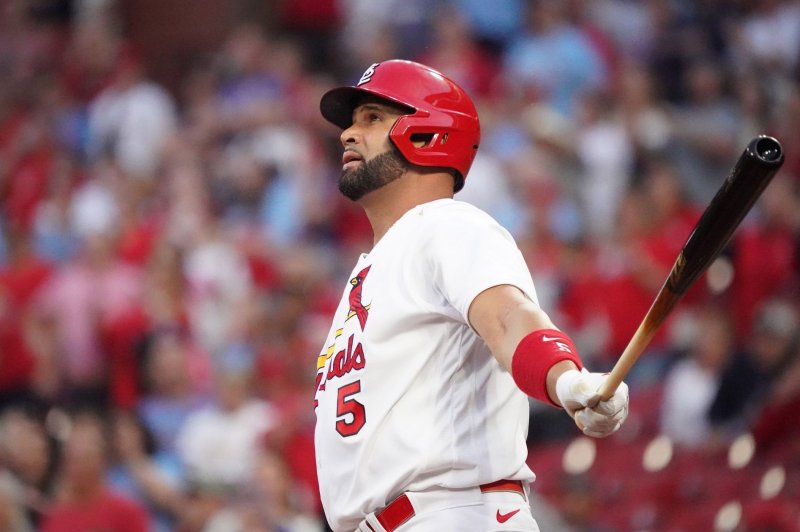 St. Louis Cardinals designated hitter Albert Pujols watches his 680th career home run leave Busch Stadium on Tuesday in St. Louis. Photo by Bill Greenblatt/UPI