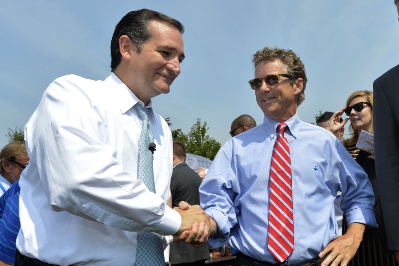 Sen. Ted Cruz, R-Texas shakes hands with Sen. Rand Paul, R-Ky. UPI/Mike Theiler | <a href="/News_Photos/lp/9fce47c1240e5e3151e23a290c7bcf68/" target="_blank">License Photo</a>
