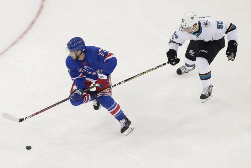 New York Rangers defenseman Tony DeAngelo (L) has recorded no goals and one assist in six games this season. File Photo by John Angelillo/UPI