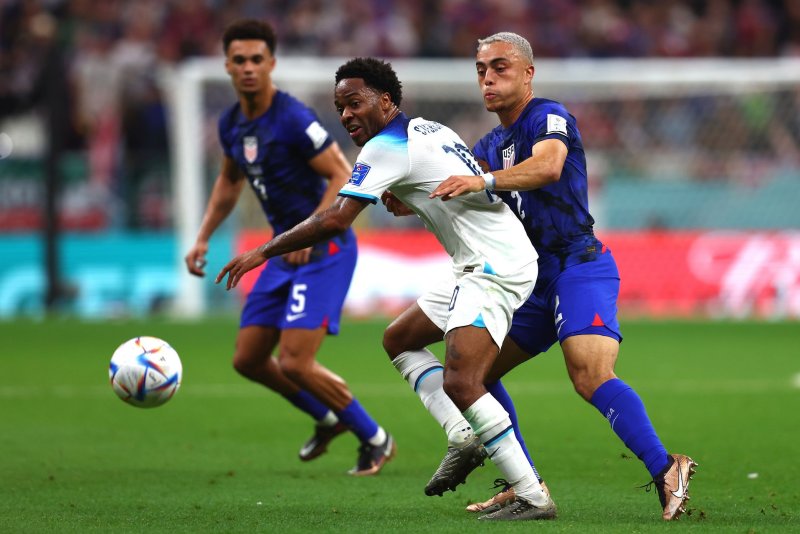 Forward Raheem Sterling (C) started and played for the majority of England's 0-0 draw with the United States at the 2022 World Cup on Nov. 25 in Al Khor, Qatar. File Photo by Chris Brunskill/UPI