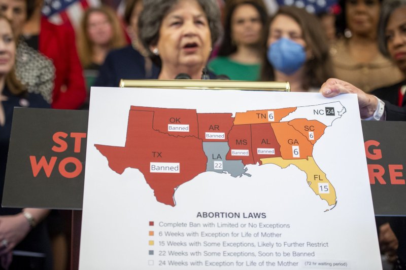 A map of abortion laws in the South is displayed during a press conference with Democratic women sharing stories of the consequences of a depletion in women's reproductive healthcare at the U.S. Capitol in July. File Photo by Bonnie Cash/UPI | <a href="/News_Photos/lp/50dab8fbe6b2359b1a31112d50fef566/" target="_blank">License Photo</a>