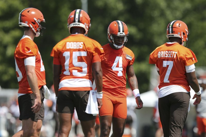 Cleveland Browns quarterbacks Deshaun Watson (4) is suspended for the first six games of the regular season, but will start a preseason game Friday in Jacksonville, Fla. File Photo by Aaron Josefczyk/UPI | <a href="/News_Photos/lp/d333e7c28f708b773f6ab4d1ce768e06/" target="_blank">License Photo</a>