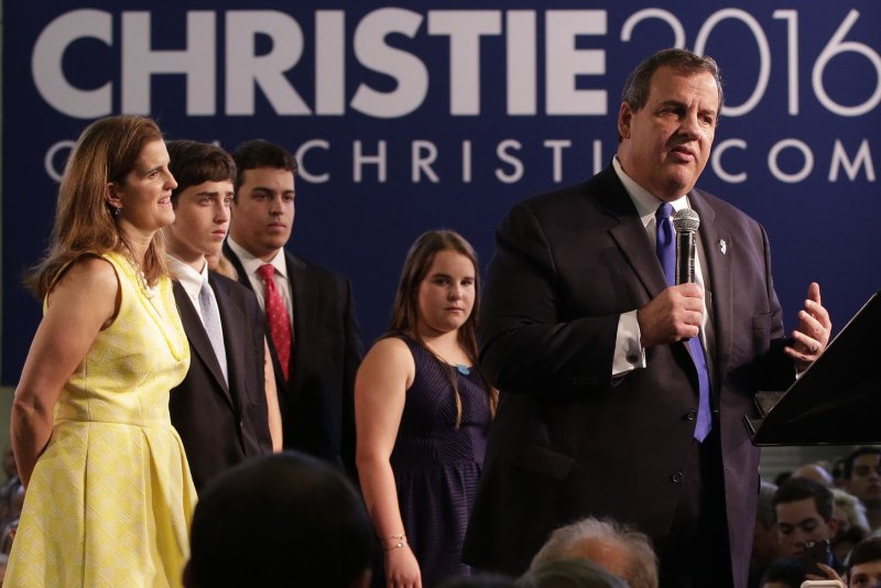 New Jersey Governor Chris Christie speaks on stage at his Presidential Campaign Launch in the Gym of Livingston High School in Livingston, NJ on June 30, 2015. Chris Christie is the 14th Republican running for the White House. Photo by John Angelillo/UPI | <a href="/News_Photos/lp/88a2b93773bcf7d41df6ade293427375/" target="_blank">License Photo</a>