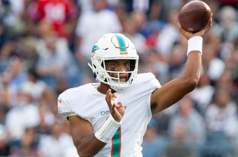 Miami Dolphins quarterback Tua Tagovailoa (pictured) said he expects to produce several "highlight" type plays next season with new wide receiver Tyreek Hill. File Photo by Matthew Healey/UPI | <a href="/News_Photos/lp/665f31e0c9a7e510f8c8b5803e385627/" target="_blank">License Photo</a>