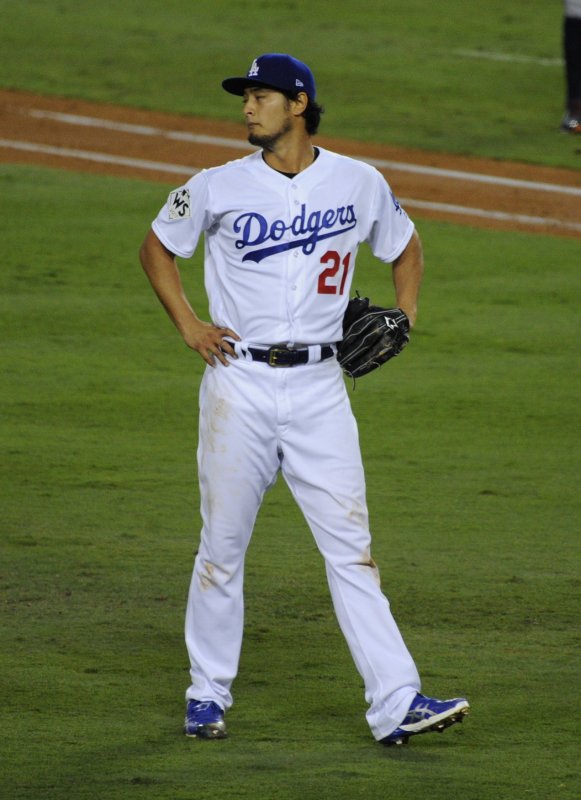 Former Los Angeles Dodgers pitcher Yu Darvish, a free agent, held a meeting with the Chicago Cubs. Photo by Lori Shepler/UPI | <a href="/News_Photos/lp/100c118016e847c77cc0b1b51d4e8fc3/" target="_blank">License Photo</a>