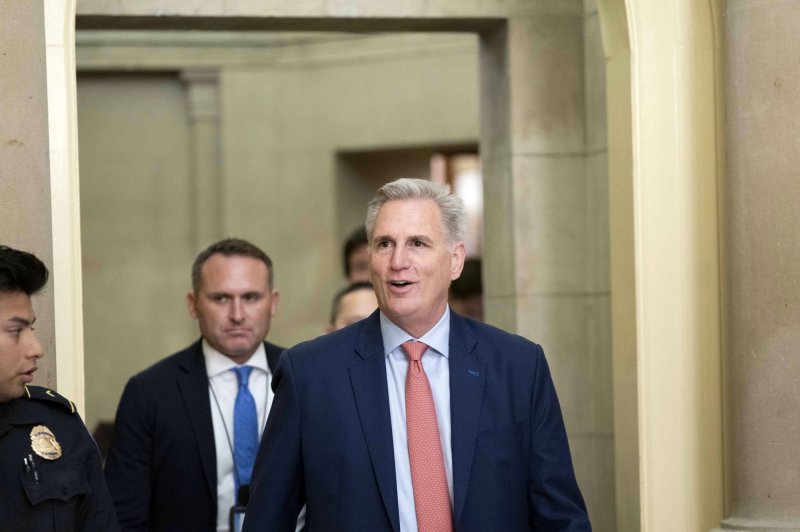 Speaker of the House Kevin McCarthy, R-Calif., leaves his office at the U.S. Capitol in Washington, D.C., on Wednesday. McCarthy still lacks enough GOP votes to block a government shutdown as a small group of far-right Republican House members continue to hold sway over negotiations. Photo by Bonnie Cash/UPI