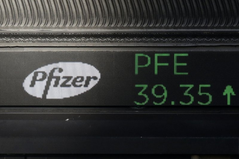 A ticker outside the New York Stock Exchange on Monday shows a rising share price for Pfizer after the company said preliminary data showed its coronavirus vaccine is effective in about 90% of patients. Photo by John Angelillo/UPI