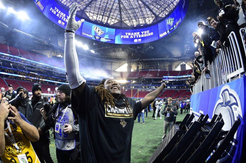 University of Central Florida Knights linebacker Shaquem Griffin reacts after the Chick-fil-A Peach Bowl NCAA football game on January 1, 2018 at the Mercedes-Benz Stadium in Atlanta. Photo by David Tulis/UPI | <a href="/News_Photos/lp/315b81ee6fad4e874a2aa9aa27afbe03/" target="_blank">License Photo</a>