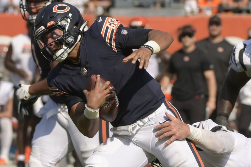 Chicago Bears quarterback Justin Fields will make his NFL debut as a starter against the Cleveland Browns on Sunday in Cleveland. Photo by Mark Black/UPI