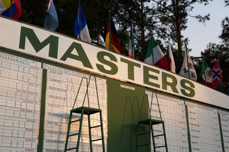 The main scoreboard shows results from the first day of the 2021 Masters Tournament on Thursday at Augusta National Golf Club in Augusta, Ga. Photo by Kevin Dietsch/UPI