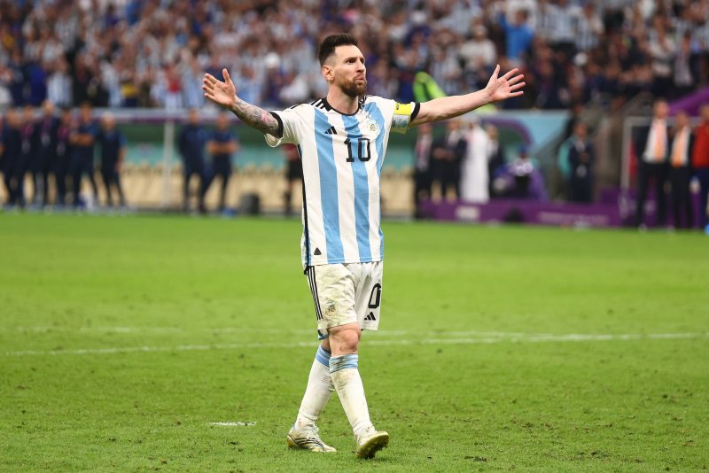 Lionel Messi celebrates scoring in the the penalty shootout during the 2022 FIFA World Cup quarterfinal match at Lusail Stadium in Doha, Qatar, on Friday. Photo by Chris Brunskill/UPI