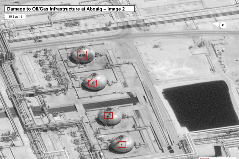 The damage caused by a drone attack on Saudi Aramco's Abaqaiq oil processing facility in Buqyaq, Saudi Arabia, can be seen in this image released by the U.S. government and DigitalGlobe on September 15. Photo via U.S. government/Digital Globe