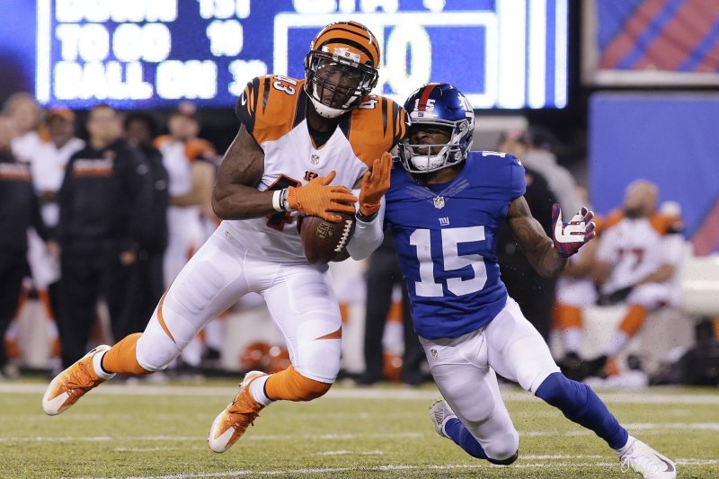 Ex-Cincinnati Bengals safety George Iloka (43) makes an interception in the fourth quarter in Week 10 of the NFL season on November 14, 2016 at MetLife Stadium in East Rutherford, New Jersey. File photo by John Angelillo/UPI