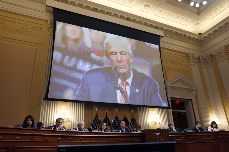 A video of former President Donald Trump is shown as the House select committee investigating the Jan. 6 attack on the U.S. Capitol holds a public hearing to discuss its findings of a year-long investigation, on Capitol Hill in Washington, DC on Tuesday, June 21, 2022. Photo by Tasos Katopodis/UPI | <a href="/News_Photos/lp/f0fd309839f35437220b618f3c752cff/" target="_blank">License Photo</a>