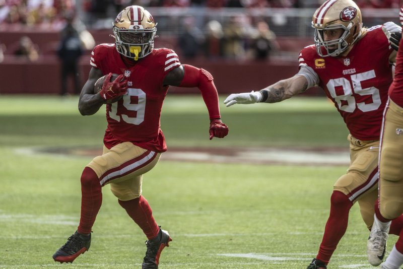 San Francisco 49ers wide receiver Deebo Samuel (19) runs for a touchdown against the Tampa Bay Buccaneers on Sunday at Levi's Stadium in Santa Clara, Calif. Photo by Terry Schmitt/UPI