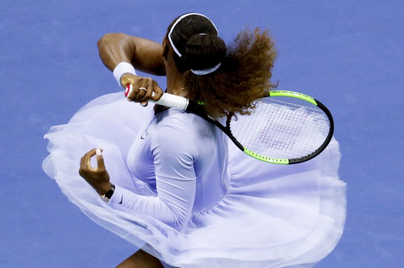 Serena Williams hits a forehand in her straight sets semifinal victory over Anastasija Sevastova of Latvia in Arthur Ashe Stadium at the 2018 US Open Tennis Championships on Thursday at the USTA Billie Jean King National Tennis Center in New York City. Photo by John Angelillo/UPI | <a href="/News_Photos/lp/5e6522776323ce2c70fecf984178f9f3/" target="_blank">License Photo</a>