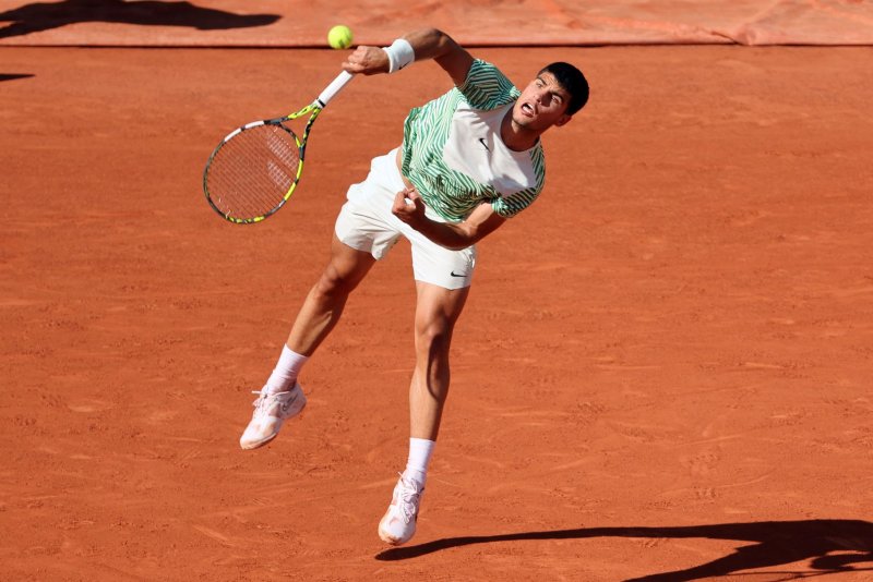 Top-seeded Carlos Alcatraz of Spain plays against Taro Daniel of Japan during their second-round match at Roland Garros French Tennis Open in Paris on Wednesday. Alcatraz won 6-1, 3-6, 6-1, 6-2. Photo by Maya Vidon-White/UPI