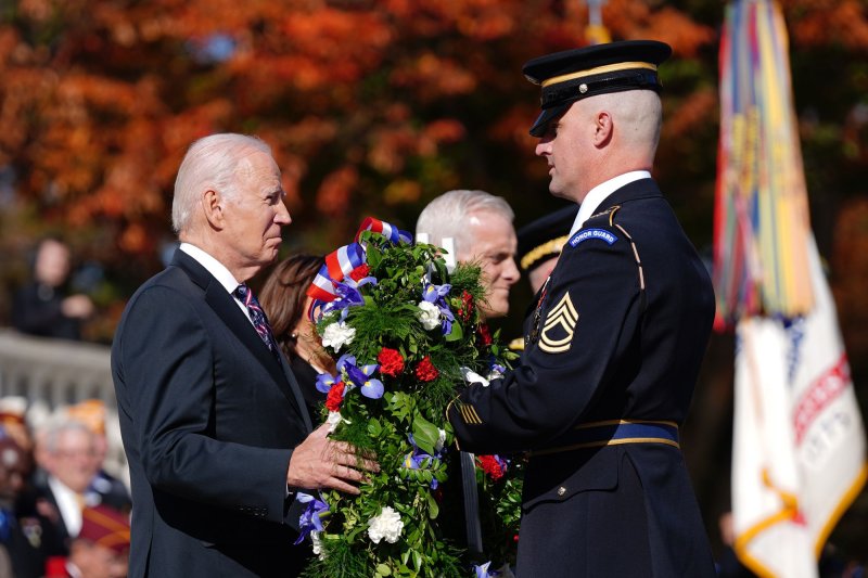 President Joe Biden laid a wreath at the Tomb of the Unknown Soldier in Arlington, Va. to mark Veterans Day on Saturday. Photo by Bonnie Cash/UPI