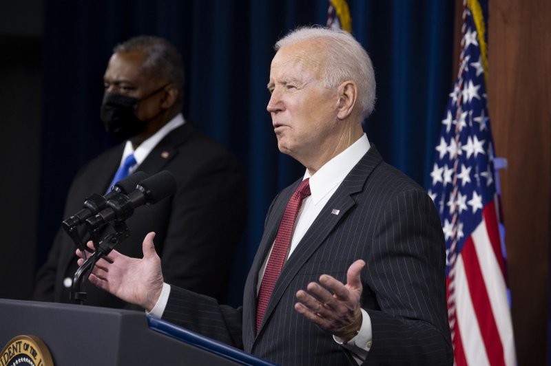 President Joe Biden announced a new Department of Defense China Task Force and affirmed his commitment to diversity in the armed services in his first visit to the Pentagon on Wednesday. Photo by Michael Reynolds/UPI