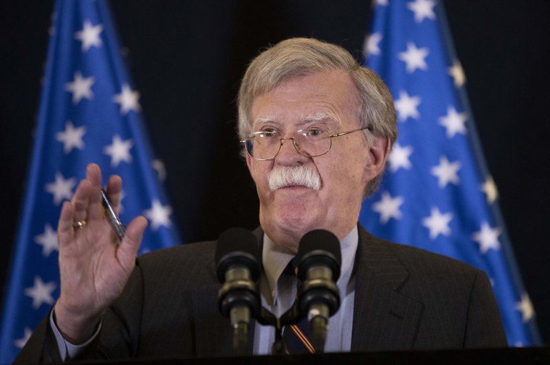 National security adviser John Bolton speaks to reporters in Jerusalem, Israel, Wednesday. Bolton said the United States will exert maximum pressure on Iran beyond economic sanctions -- and drew a warning from Tehran saying it will hit U.S. and Israeli targets if attacked. Pool Photo by Abir Sulton/UPI