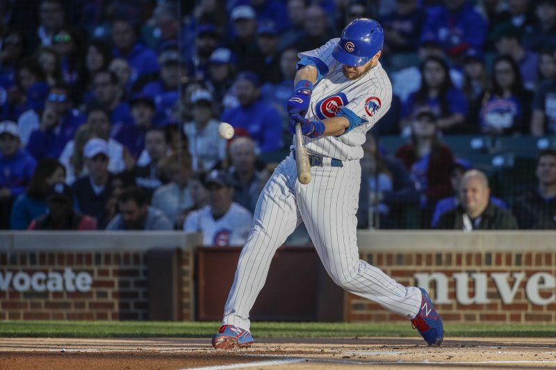Chicago Cubs Ben Zobrist hits a double off Miami Marlins starting pitcher Dan Straily in the first inning at Wrigley Field on June 5, 2017 in Chicago. Photo by Kamil Krzaczynski/UPI