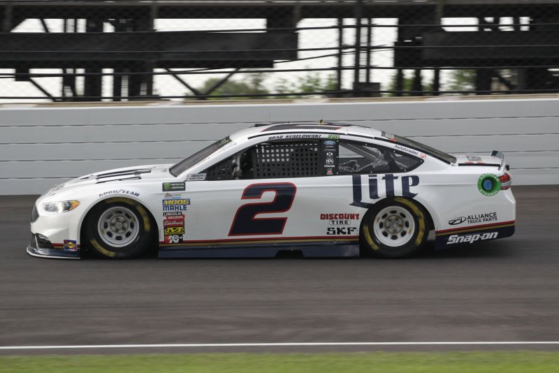 Penske driver Brad Keselowski speeds through the north short chute during qualifications for the 24th running of the Brickyard 400 at the Indianapolis Motor Speedway on July 22, 2017 in Indianapolis, Indiana. Keselowski will start 11th on the grid. File photo by Bill Coons/UPI | <a href="/News_Photos/lp/f92291c725ff9ad006a33d6fcb23257d/" target="_blank">License Photo</a>