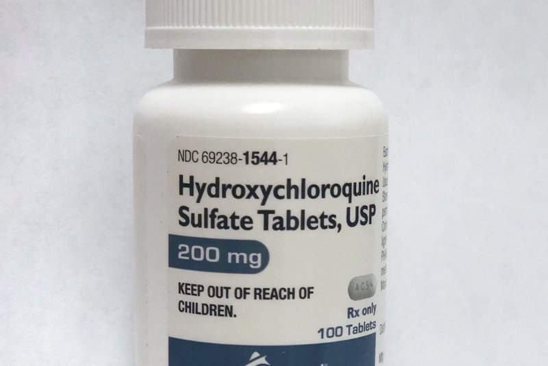 A bottle of hydroxychloroquine 200 mg tablets sits on a pharmacy store shelf in Salem, New York on March 23. Photo by UPI | <a href="/News_Photos/lp/993e67c83923469af68b7308467c4771/" target="_blank">License Photo</a>