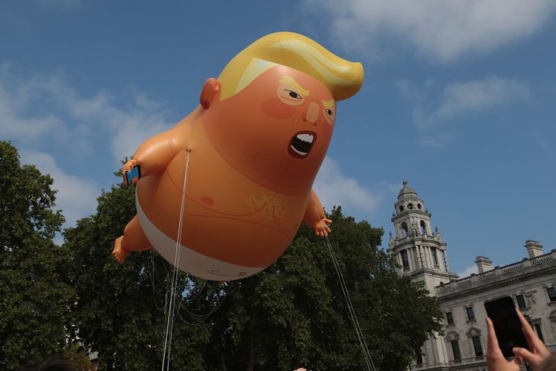 The 20-foot "Trump Baby" balloon that flew over Parliament Square in Central London during a protest sparked by President Donald Trump's visit to Britain July 13, 2018, is now headed for the Museum of London. File Photo by Hugo Philpott/UPI