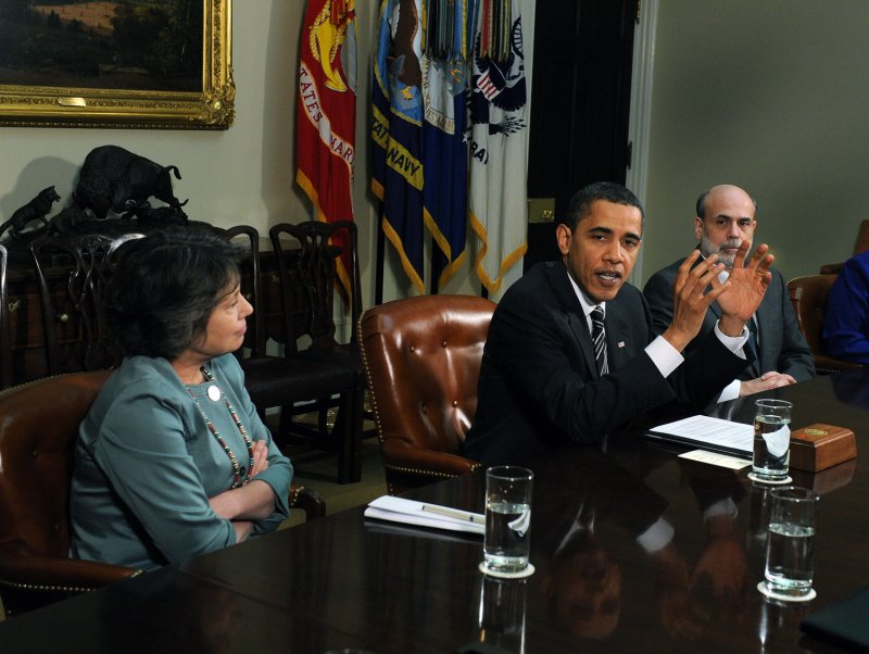 U.S. President Barack Obama speaks to the media after meeting with Federal Reserve Chairman Ben Bernanke and FDIC Chairwoman Sheila Bair in the Roosevelt Room of the White House on April 10, 2009. (UPI Photo/Roger L. Wollenberg)
