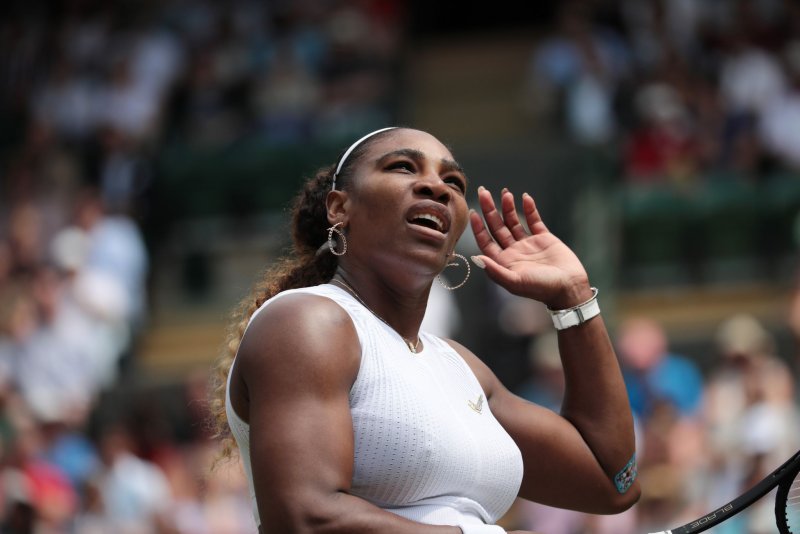 American Serena Williams beat Carla Suarez Navarro in straight sets to advance to the quarterfinals at Wimbledon on Monday at the All-England Club in London. Photo by Hugo Philpott/UPI | <a href="/News_Photos/lp/0964ec64f55d28630e77c9b1f4313bcf/" target="_blank">License Photo</a>