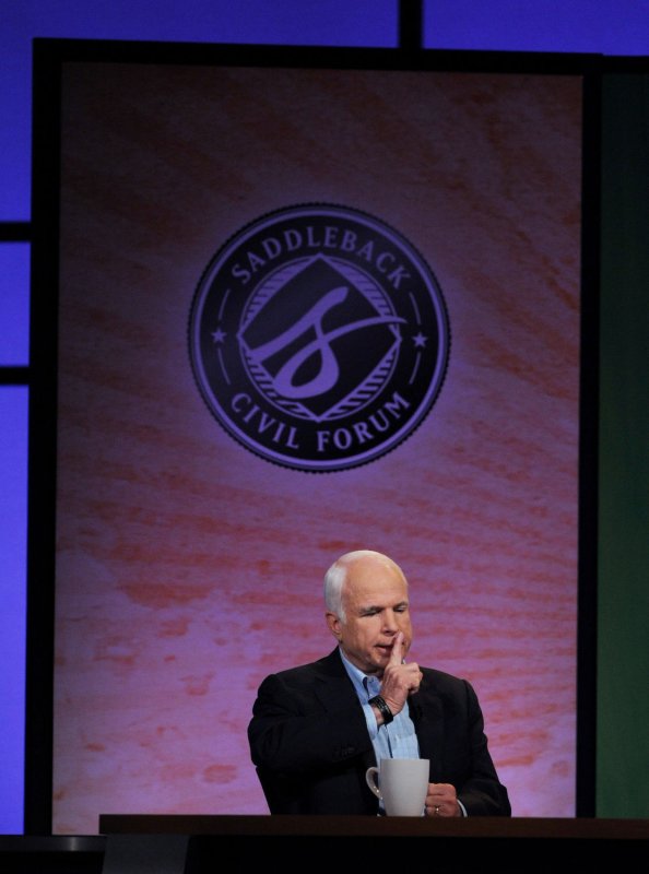U.S. Republican presidential candidate Senator John McCain (R-AZ) speaks during a Civil Forum at the Saddleback Church in Lake Forest, Calif. on Saturday Aug. 16, 2008. (UPI Photo/Jim Ruymen)