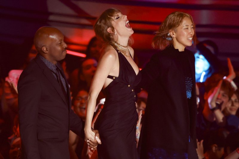 Taylor Swift (C) wins Video of the Year, Best Direction, Best Song and Best Pop awards for "Anti-Hero" during the 2023 MTV Video Music Awards "VMA's" at the Prudential Center in Newark, N.J., on Tuesday. Photo by John Angelillo/UPI