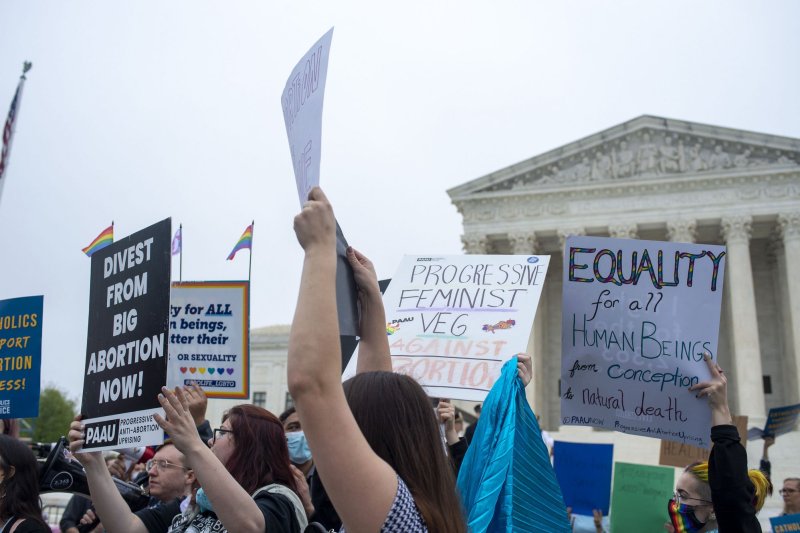 Activists rally outside the U.S. Supreme Court in Washington, D.C., on Tuesday after the leak of a draft majority opinion preparing for the court to overturn the landmark abortion decision in Roe v. Wade. Photo by Bonnie Cash/UPI