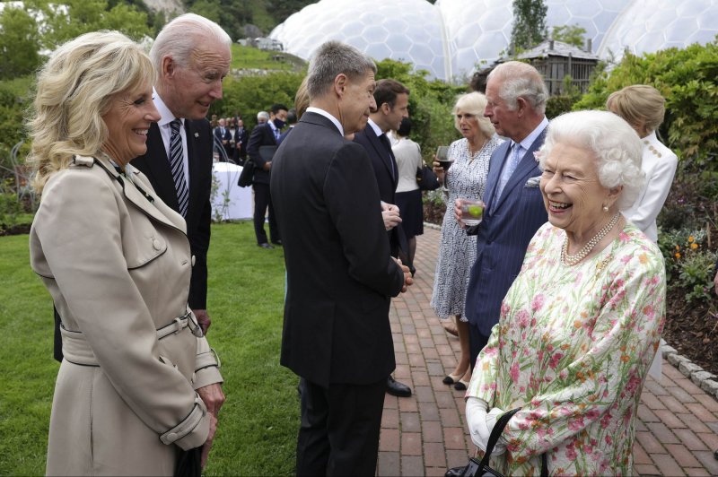 Queen Elizabeth II speaks with First Lady Jill Biden and U.S. President Joe Biden during a reception and dinner hosted by the Eden Project in June 2021, in Cornwall, Britain. File Photo by Andrew Parsons/No 10 Downing Street/UPI