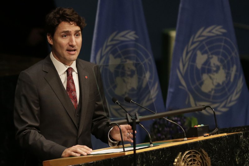 Canadian Prime Minister Justin Trudeau speaks at the United Nations in New York. This week, Trudeau said Canada will pspend $785 million to help fight the global spead of AIDS, malaria and tuberculosis by donating to the philanthropic group The Global Fund. File Photo by John Angelillo/UPI
