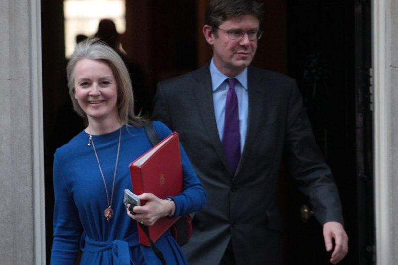 Foreign Secretary Liz Truss leaves a Cabinet meeting on March 14, 2019. She leads a G7 meeting in Britain on Saturday. File Photo by Hugo Philpott/UPI