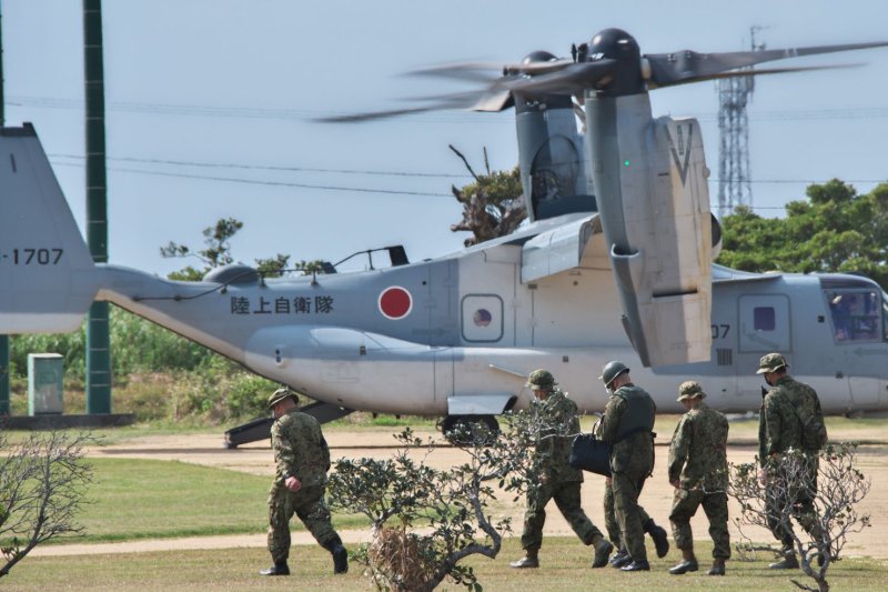 Japan Ground Self-Defense Force's V-22 Osprey takes part in the joint exercise "Iron Fist 23" with U.S. Marines at Tokunoshima Island, Kagoshima-Prefecture, Japan on Thursday, March 2, 2023.2023. Photo by Keizo Mori/UPI