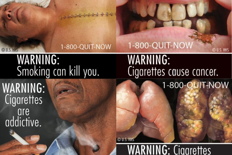 These are examples of graphic warning labels proposed for cigarette packaging, which a new study suggests may increase thoughts of quitting, at least for a while. Photo courtesy of the U.S. Food and Drug Administration