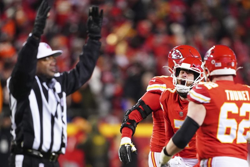 Referee Ron Torbert signals a successful field goal attempt after Kansas City Chiefs kicker Harrison Butler split the uprights to beat the Cincinnati Bengals in the AFC Championship game Sunday at GEHA Field at Arrowhead Stadium in Kansas City, Mo. Photo by Kyle Rivas/UPI