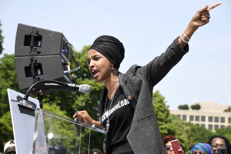 Rep. Ilhan Omar, D-Minn., makes remarks during a rally on the Washington Mall on Tuesday in Washington, D.C. &nbsp;Photo by Mike Theiler/UPI