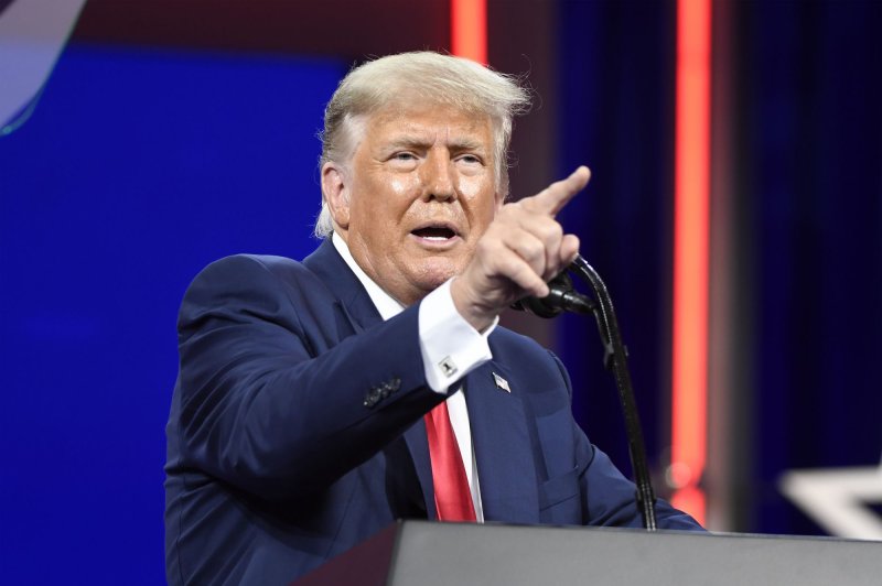 Former President Donald Trump addresses attendees at the Conservative Political Action Conference 2021 in Orlando, Fla., on Sunday, February 28. File Photo by Joe Marino/UPI