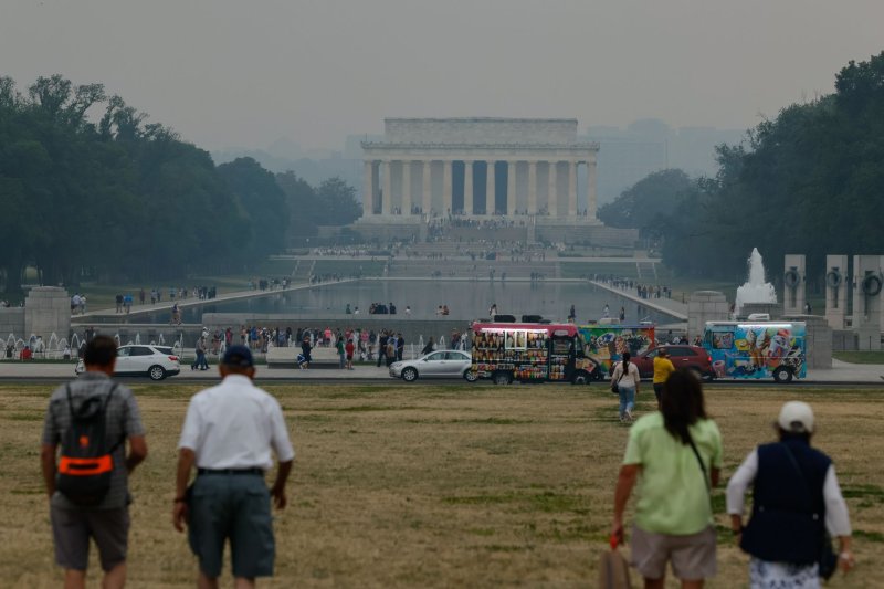 A view of the Lincoln Memorial through a slight haze as a result of wildfires in Canada on Thursday, in Washington. Forecasters said unhealthy conditions will persist on Friday but could improve over the weekend. Photo by Jemal Countess/UPI