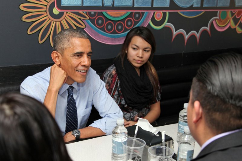 President Barack Obama chats during lunch with Standing Rock Sioux tribe two years ago. Tribal supporters calling on the White House to stop the construction of the Dakota Access pipeline. File Photo by Martin H.Simon/Pool