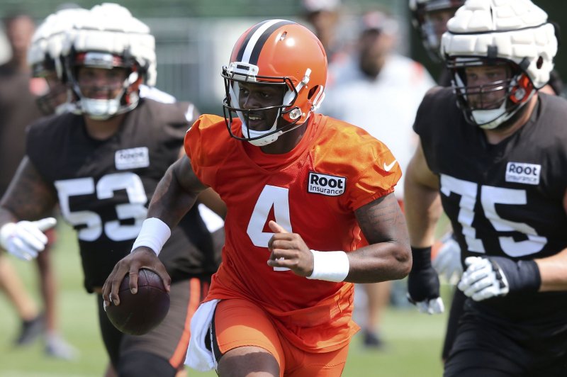 Cleveland Browns quarterback Deshaun Watson continues to participate in training camp as a decision looms about his 2022 suspension. File Photo by Aaron Josefczyk/UPI | <a href="/News_Photos/lp/4ec371ab2d8e3efbf1898af992691b03/" target="_blank">License Photo</a>