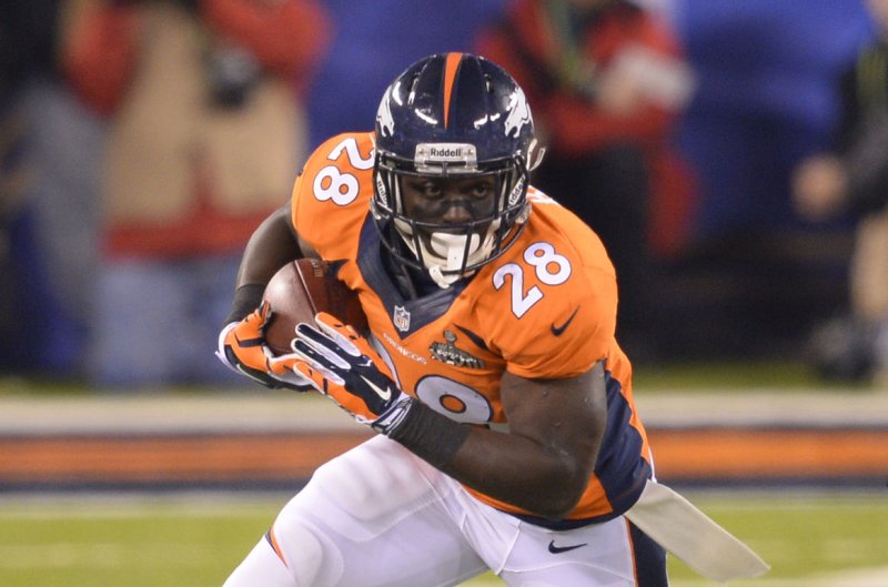 Former Denver Broncos running back Montee Ball (28) runs with the ball against the Seattle Seahawks at the Super Bowl XLVIII at MetLife Stadium in East Rutherford, New Jersey on February 2, 2014. MetLife Stadium hosts the NFL's first outdoor cold weather Super Bowl. UPI/Rich Kane