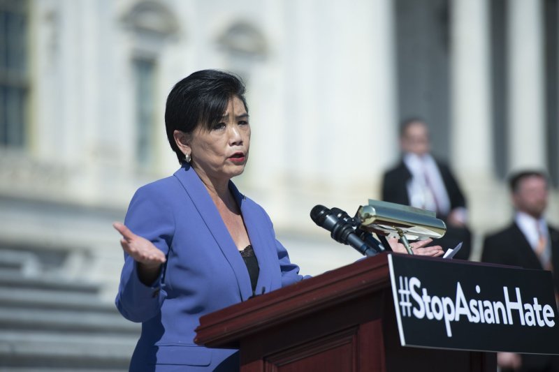 Rep. Judy Chu, D-Calif., speaks during an anti-Asian racism press conference honoring the one-year anniversary of the Atlanta spa shootings at the U.S. Capitol in Washington, D.C., on Wednesday. Photo by Bonnie Cash/UPI